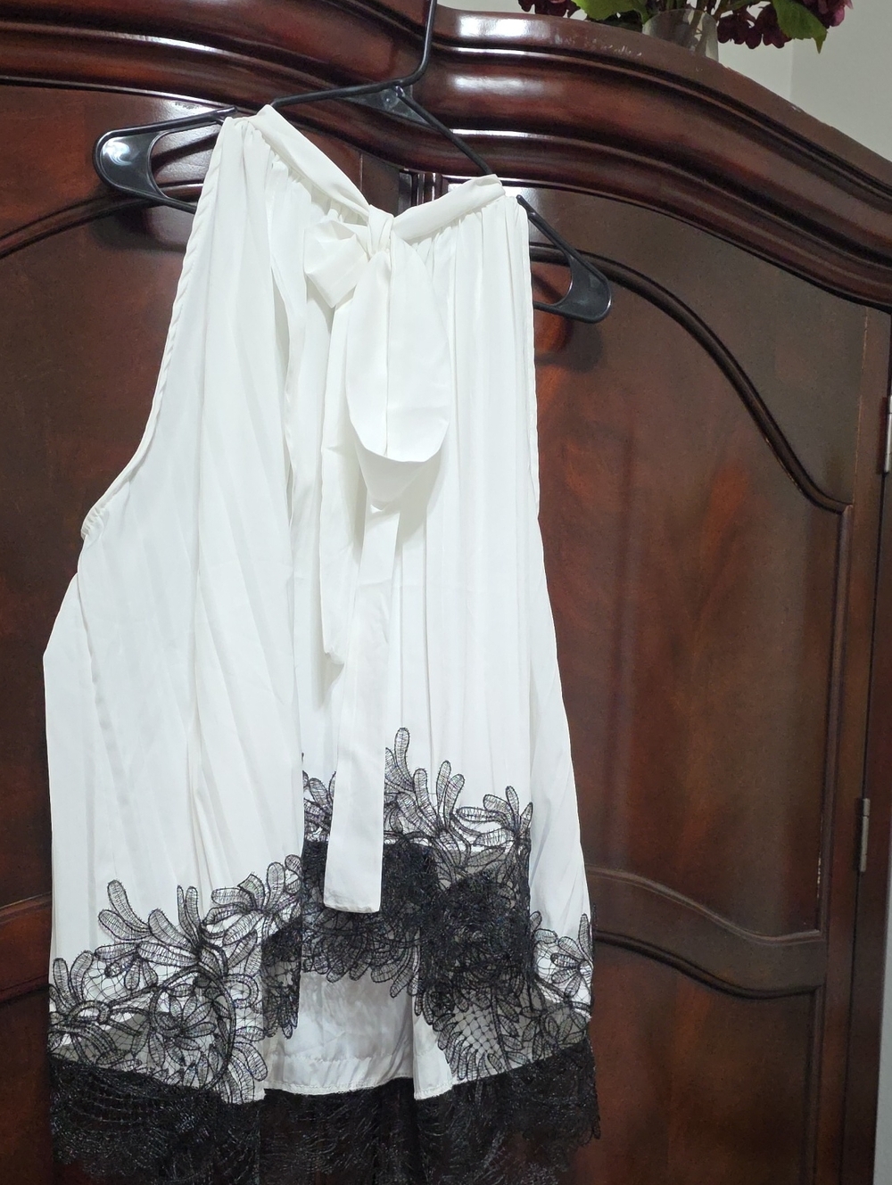 White Sleeveless Tie-Back Top with Black Lace Trim